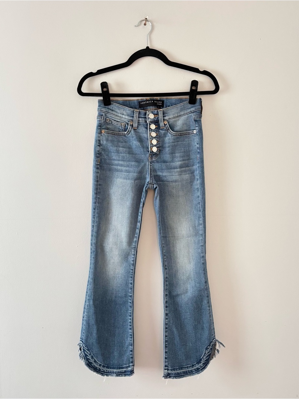 Veronica Beard Carolyn Baby Boot High Rise Denim Dolphin Hem Button-Fly Blue